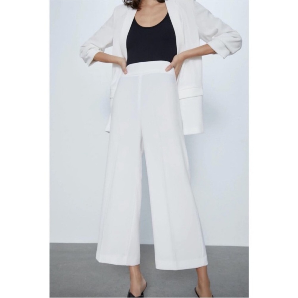 Zara White Dress Pants Wide Straight Leg Trousers Side Zip Cropped Size L, NWT
